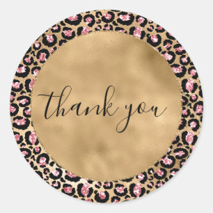 Sticker Rond Parties scintillant d'or rose Merci animal léopard