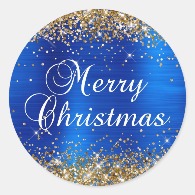 Sticker Rond Parties scintillant d'or Royal Blue Foil Joyeux No (Devant)