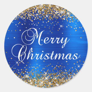 Sticker Rond Parties scintillant d'or Royal Blue Foil Joyeux No