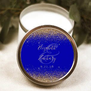 Sticker Rond Parties scintillant d'or Script Royal Blue Mariage