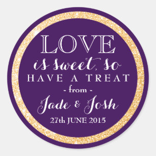 Sticker Rond Parties scintillant d'or sur Plum violet mariage F