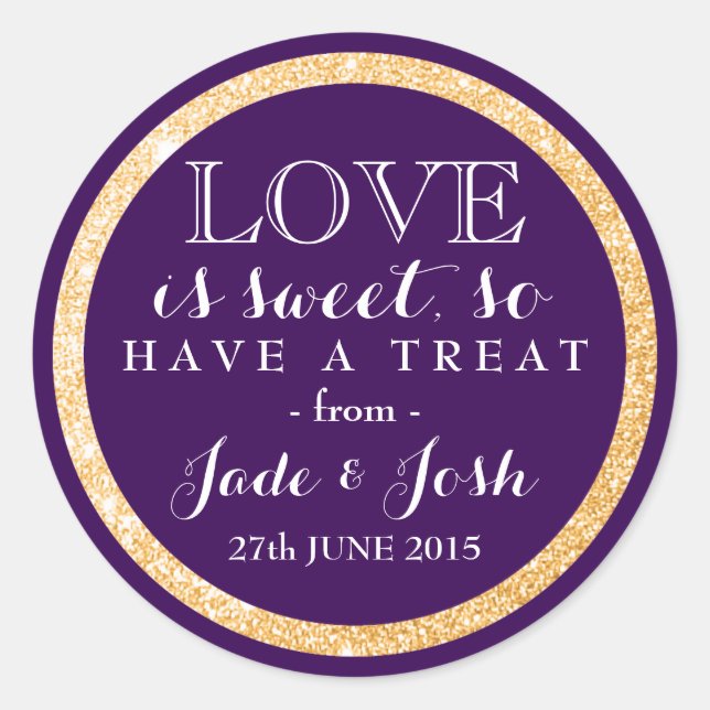 Sticker Rond Parties scintillant d'or sur Plum violet mariage F (Devant)