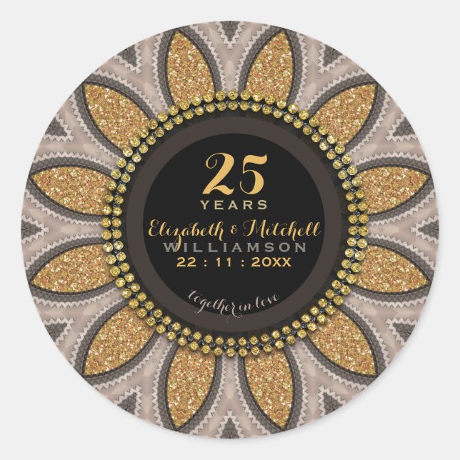 Sticker Rond Parties scintillant d'or tournesol moderne 25e ann (Devant)