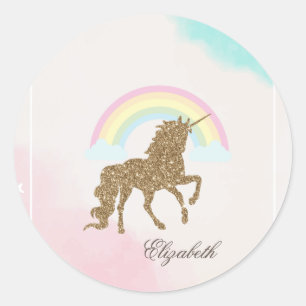 Sticker Rond Parties scintillant d'or Unicorn, Arc-en-ciel