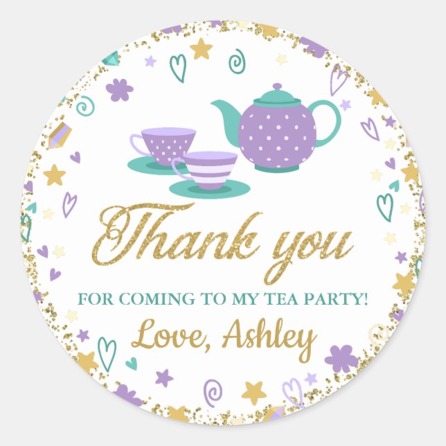 Sticker Rond Parties scintillant d'or violet Anniversaire Tea P (Devant)