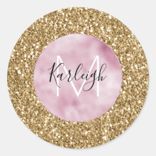 Sticker Rond Parties scintillant dorée rose brillant Monogramme