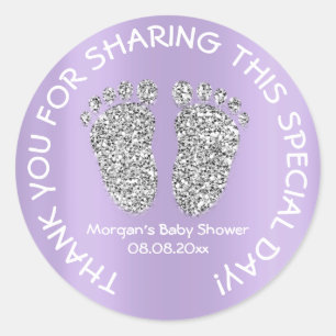 Sticker Rond Parties scintillant en argent violet pieds Baby sh