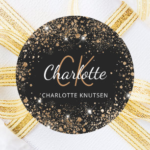 Sticker Rond Parties scintillant en or noir monogramme nom init