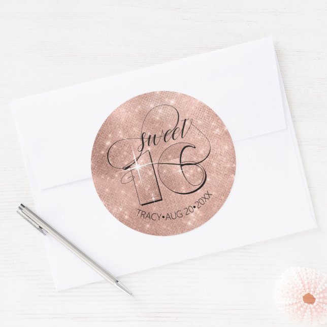 Sticker Rond Parties scintillant et brillant Sweet 16 Rose Gold (Enveloppe)