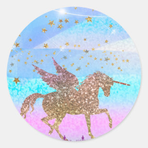 Sticker Rond Parties scintillant Flying Unicorn Magique Anniver