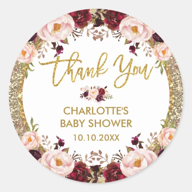 Sticker Rond Parties scintillant Glam Burgundy Blush Baby showe (Devant)