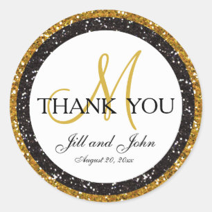Sticker Rond Parties scintillant Gold Black Merci Mariage Favor