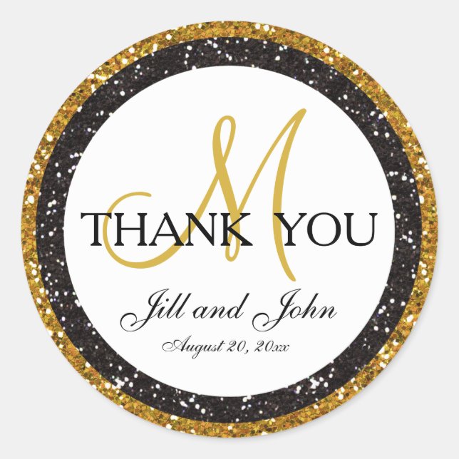 Sticker Rond Parties scintillant Gold Black Merci Mariage Favor (Devant)