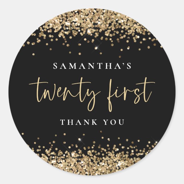 Sticker Rond Parties scintillant Gold Noir tendance Nom 21e Mer (Devant)