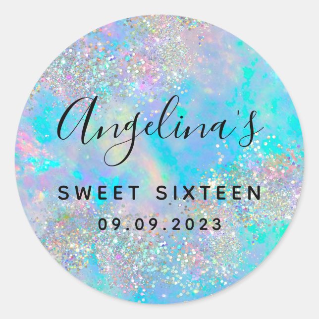 Sticker Rond Parties scintillant holographique Sweet sixteen Op (Devant)