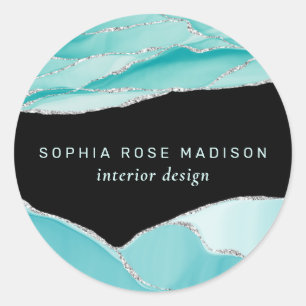 Sticker Rond Parties scintillant moderne argent Agate Turquoise
