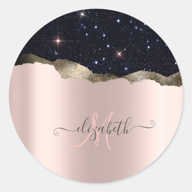 Sticker Rond Parties scintillant noire moderne Rose or Monogram (Devant)