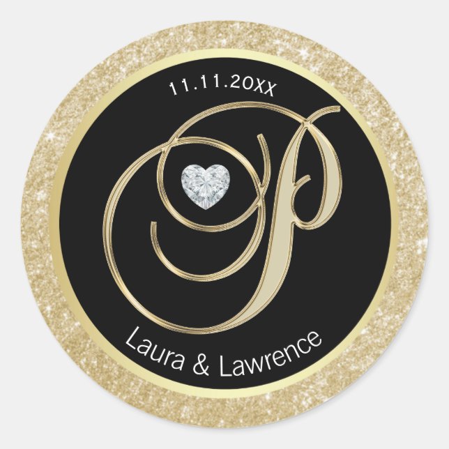 Sticker Rond Parties scintillant noire Monogramme or Mariage En (Devant)