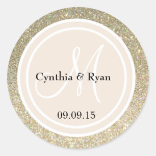 Sticker Rond Parties scintillant or et Mariage beige Monogramme