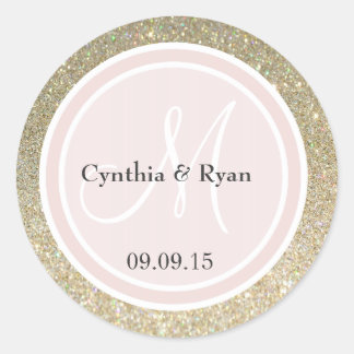 Sticker Rond Parties scintillant or et Mariage rose pâle Monogr