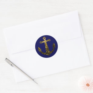 Sticker Rond Parties scintillant or faux brillant Ancre bleu ma