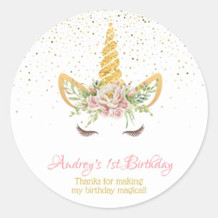 Sticker Rond Parties scintillant or   Floral Unicorn Horn Birth