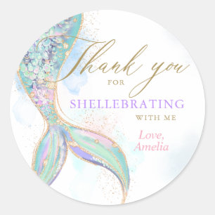 Sticker Rond Parties scintillant or Mermaid Queue Merci Anniver