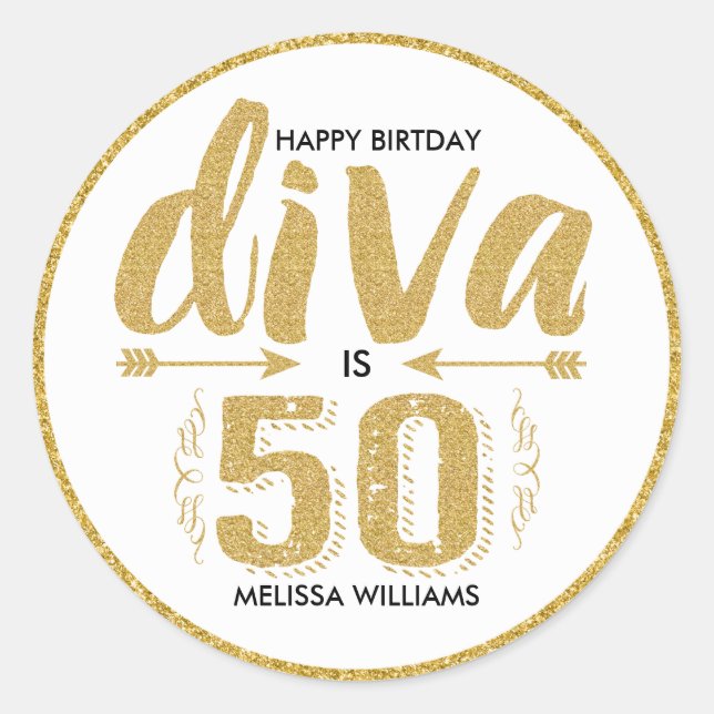 Sticker Rond Parties scintillant Or Moderne Texte-Diva Est 50 J (Devant)