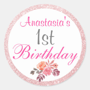 Sticker Rond Parties scintillant or rose pâle Floral 1er annive
