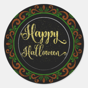 Sticker Rond Parties scintillant Orange Vert Or sur Halloween B