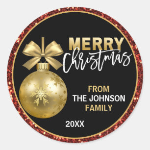 Sticker Rond Parties scintillant Ornement Bauble Rouge or Joyeu