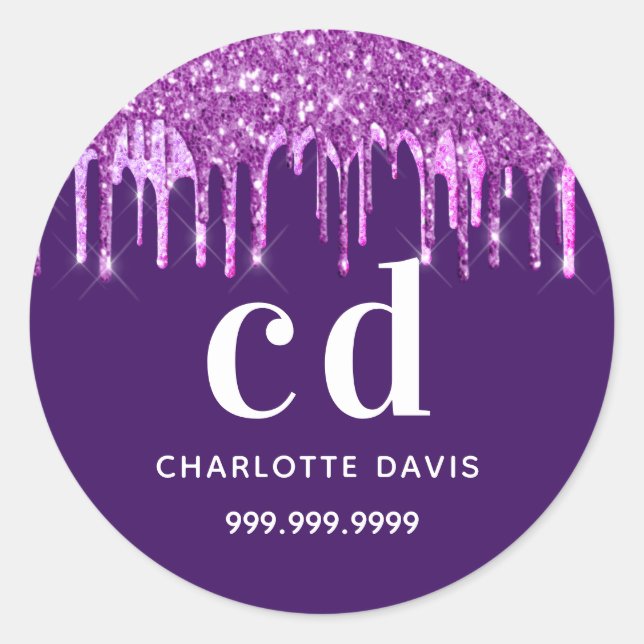Sticker Rond Parties scintillant pourpre goutte nom rose (Devant)