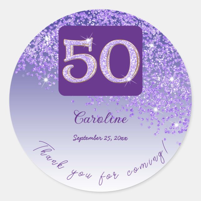Sticker Rond Parties scintillant pourpre tombante, 50e annivers (Devant)