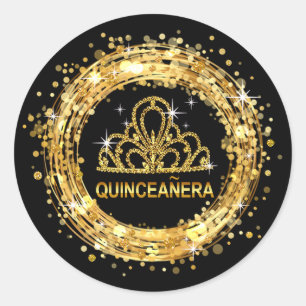 Sticker Rond Parties scintillant Quinceanera Noir et Or Tiara