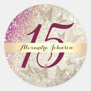 Sticker Rond Parties scintillant rose 15e anniversaire