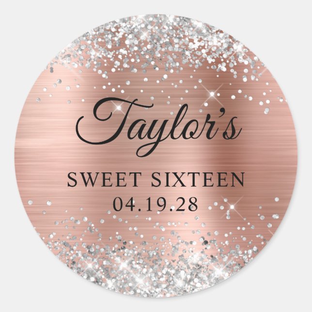 Sticker Rond Parties scintillant Rose d'argent Sweet sixteen d' (Devant)