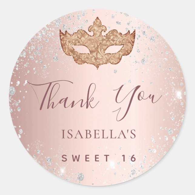 Sticker Rond Parties scintillant rose  en or doux 16 mascarade  (Devant)