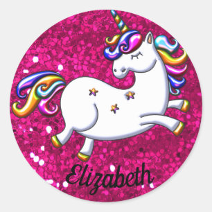 Sticker Rond Parties scintillant rose et licorne