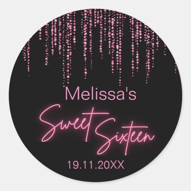 Sticker Rond Parties scintillant rose et sucré noir 16 Annivers (Devant)