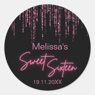 Sticker Rond Parties scintillant rose et sucré noir 16 Annivers