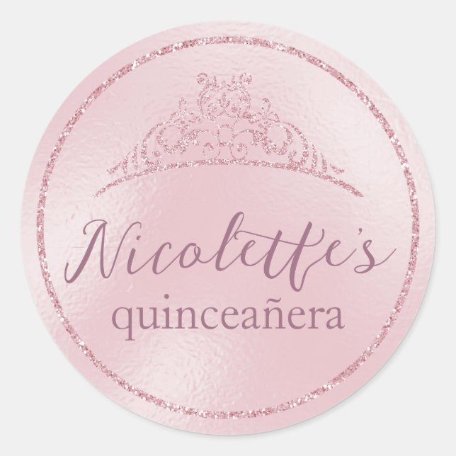 Sticker Rond Parties scintillant rose glamour Tiara Quinceañera (Devant)