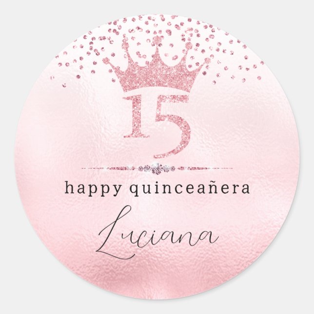 Sticker Rond Parties scintillant rose glamour Tiara Quinceañera (Devant)