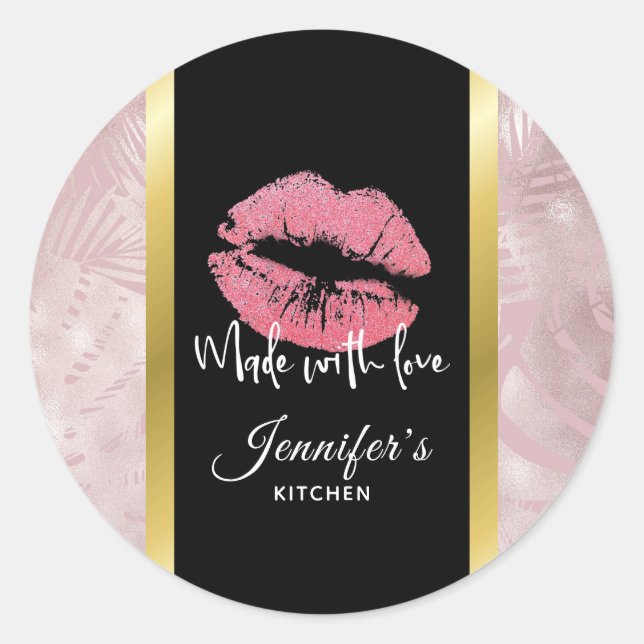 Sticker Rond Parties scintillant rose lèvres et Rose Gold Feuil (Devant)