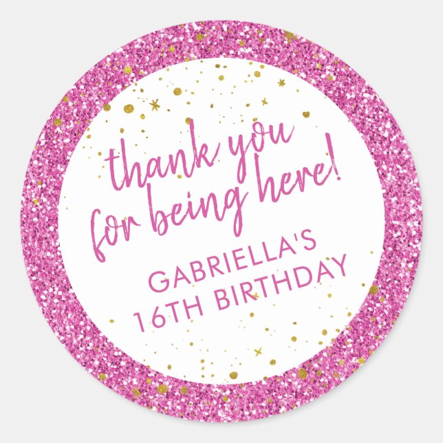 Sticker Rond Parties scintillant rose Merci Anniversaire Favori (Devant)