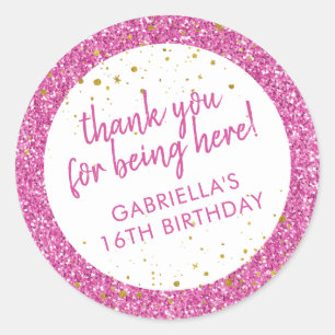 Sticker Rond Parties scintillant rose Merci Anniversaire Favori