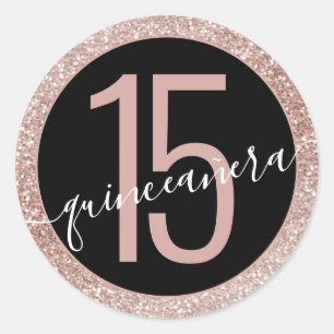 Sticker Rond Parties scintillant rose noir moderne 15e Quinceañ