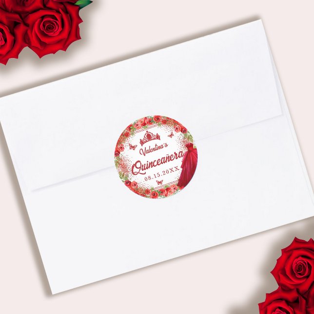 Sticker Rond Parties scintillant rouge éperon floral Quinceaner (Red Glitter Floral Sparkle Quinceanera Classic Round Sticker)