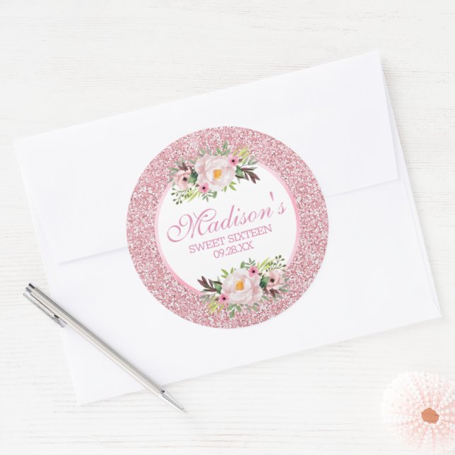 Sticker Rond Parties scintillant tendance rose Floral Sweet 16 (Enveloppe)