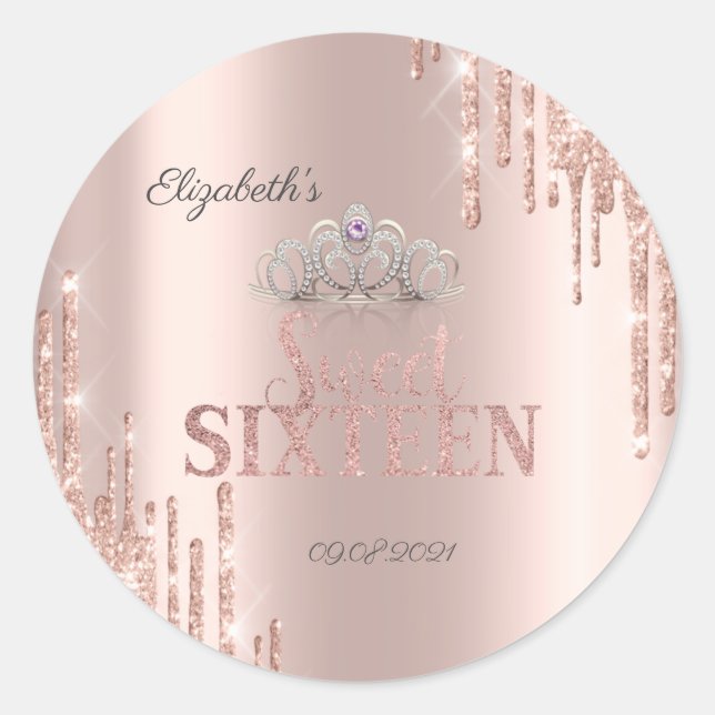 Sticker Rond Parties scintillant Tiara Rose Gold Sweet 16 (Devant)