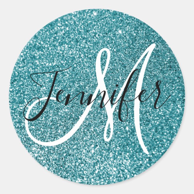 Sticker Rond Parties scintillant Turquoise Faux Monogramme Girl (Devant)